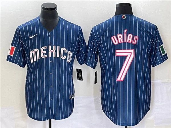 Baseball Jersey With Player Numbers And Logos-Men's Mexico Baseball #7 Julio UrÃ­as 2023 Navy World Baseball With Patch Classic Stitched Jersey