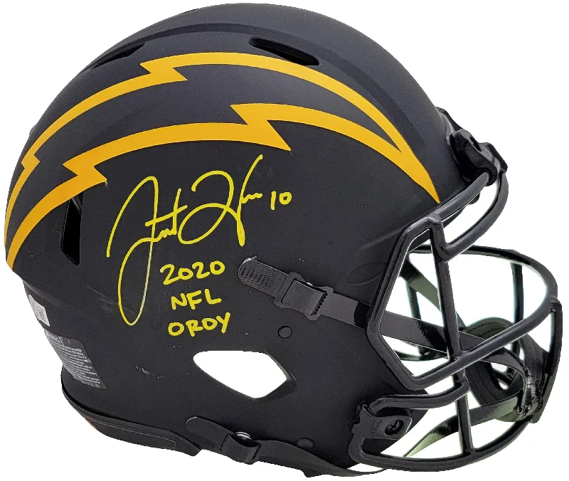 Rugby Helmet With Reinforced Shell-Justin Herbert Autographed Los Angeles Chargers Eclipse Black Full Size Authentic Speed Helmet "2020 NFL OROY" (Scuffed) Beckett BAS Witness Stock #206932