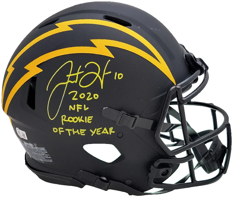 Rugby Helmet For Pro Players-Justin Herbert Autographed Los Angeles Chargers Eclipse Black Full Size Authentic Speed Helmet "2020 NFL Rookie Of The Year" (Scuffed) Beckett BAS Witness Stock #206931