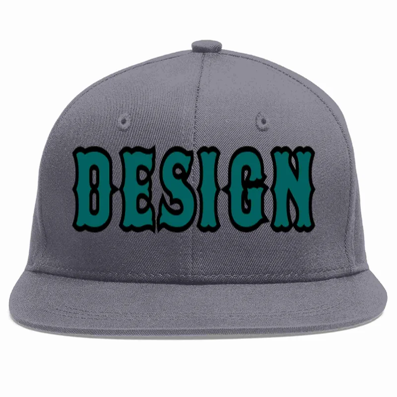 Baseball Cap For Team Sports-Custom Dark Gray Aqua-Black Flat Eaves Sport Baseball Cap Design for Men/Women/Youth