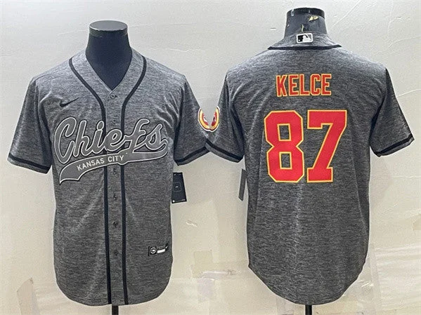 Baseball Jersey For Competitive Leagues-Men's Kansas City Chiefs #87 Travis Kelce Gray With Patch Cool Base Stitched Baseball Jersey