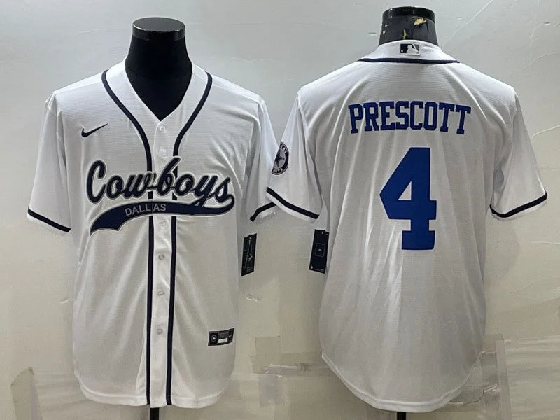 Baseball Jersey For Kids With Player Names-Men's Dallas Cowboys #4 Dak Prescott White With Patch Cool Base Stitched Baseball Jersey