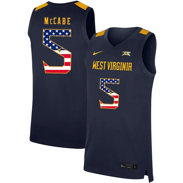 Football Jersey For Kids With Player Names-Basketball Jersey For Kids With Player Names-West Virginia Mountaineers 5 Jordan McCabe Navy USA Flag Basketball College Basketball Jersey