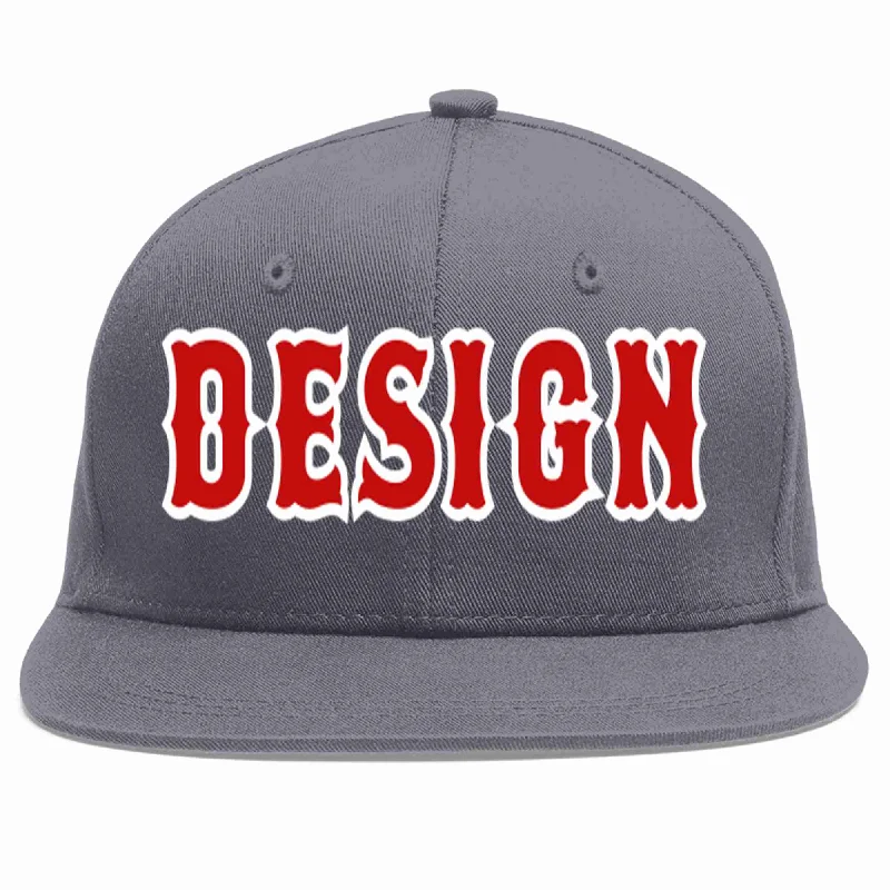 Baseball Cap For Winter-Custom Dark Gray Red-White Flat Eaves Sport Baseball Cap Design for Men/Women/Youth