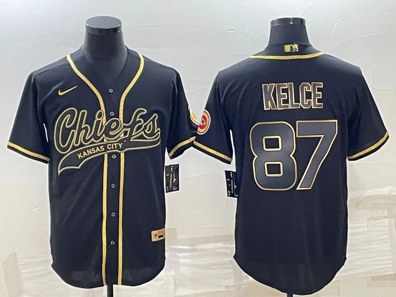 Baseball Jersey For High Impact Sports-Men's Kansas City Chiefs #87 Travis Kelce Black Gold With Patch Cool Base Stitched Baseball Jersey