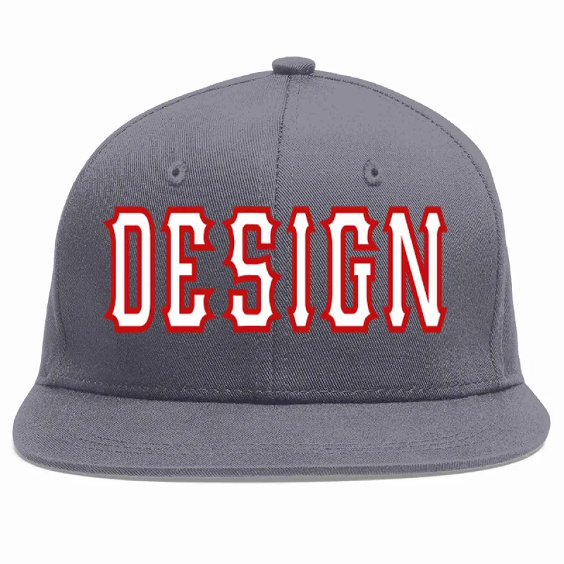 Baseball Cap With Custom Patches-Custom Dark Gray White-Red Flat Eaves Sport Baseball Cap Design for Men/Women/Youth