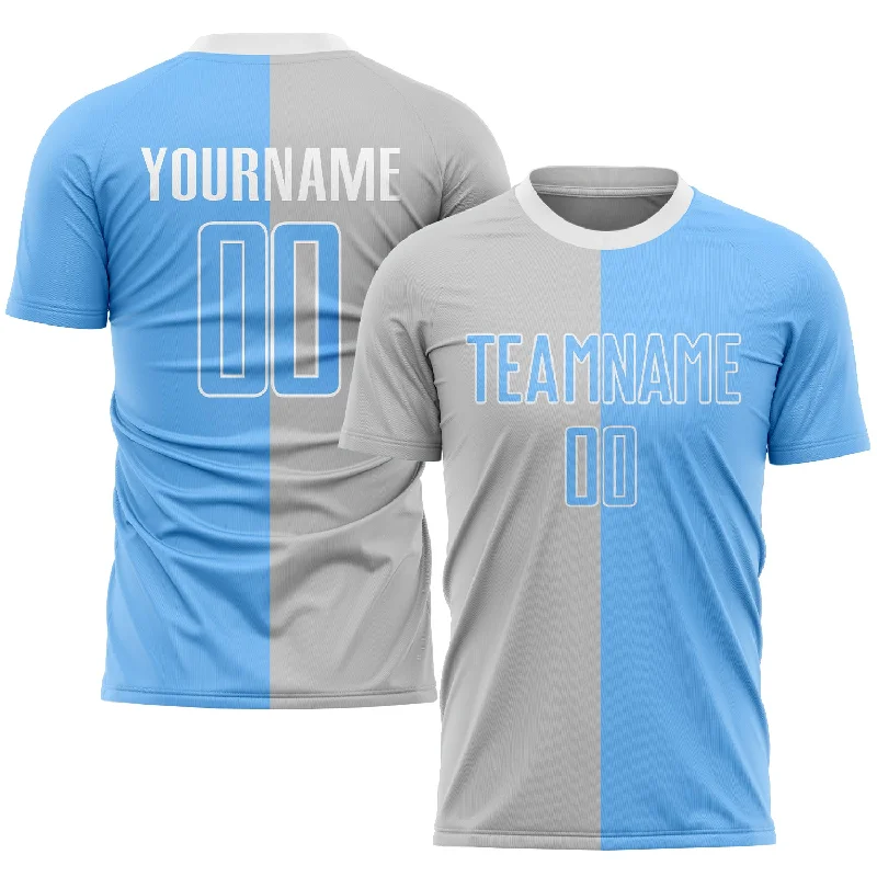 Football Jersey With Soft Touch Fabric-Custom Gray Light Blue-White Sublimation Split Fashion Soccer Uniform Jersey