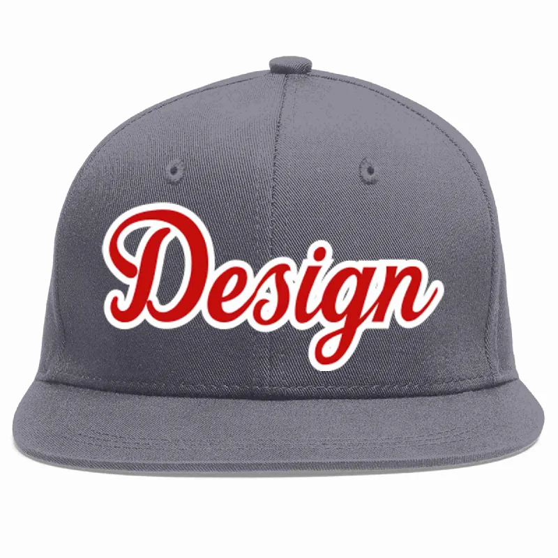 Baseball Cap For Running Events-Custom Dark Gray Red-White Flat Eaves Sport Baseball Cap Design for Men/Women/Youth