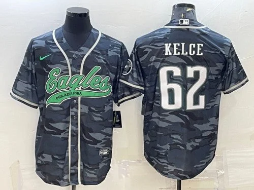 Baseball Jersey With Logo-Men's Philadelphia Eagles #62 Jason Kelce Gray Camo With Patch Cool Base Stitched Baseball Jersey