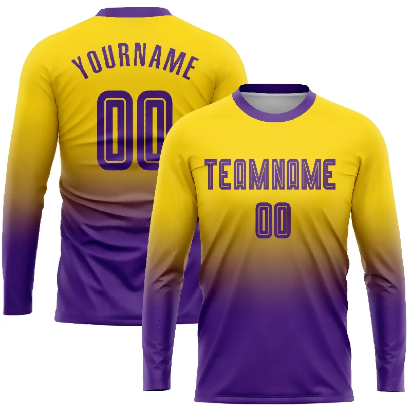 Custom Football Jersey For Gifts-Custom Gold Purple Sublimation Long Sleeve Fade Fashion Soccer Uniform Jersey