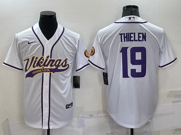 Baseball Jersey For Family Events-Men's Minnesota Vikings #19 Adam Thielen White With Patch Cool Base Stitched Baseball Jersey