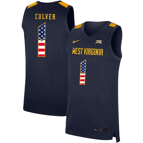 Football Jersey For Retro Style-Basketball Jersey For Retro Style-West Virginia Mountaineers 1 Derek Culver Navy USA Flag Basketball College Basketball Jersey