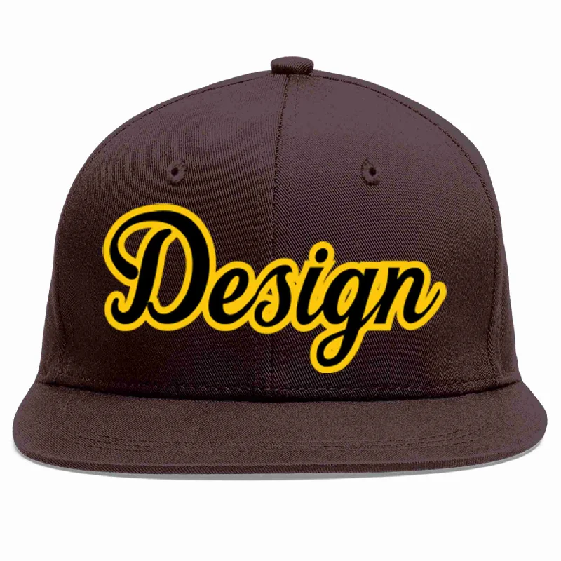 Baseball Cap With Colorful Embroidery-Custom Brown Black-Gold Flat Eaves Sport Baseball Cap Design for Men/Women/Youth