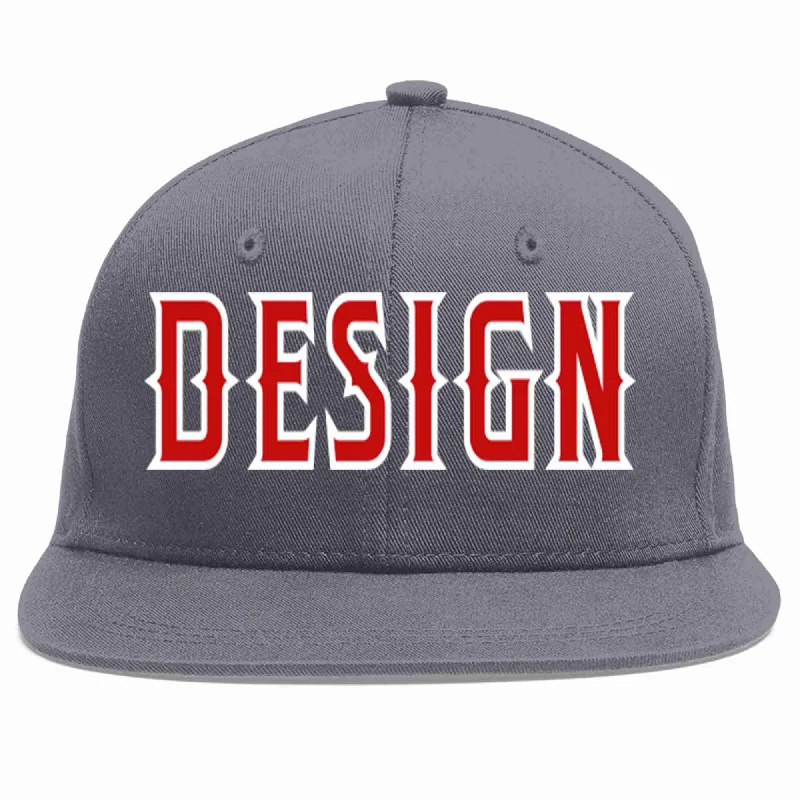 Baseball Cap For Family Trips-Custom Dark Gray Red-White Flat Eaves Sport Baseball Cap Design for Men/Women/Youth