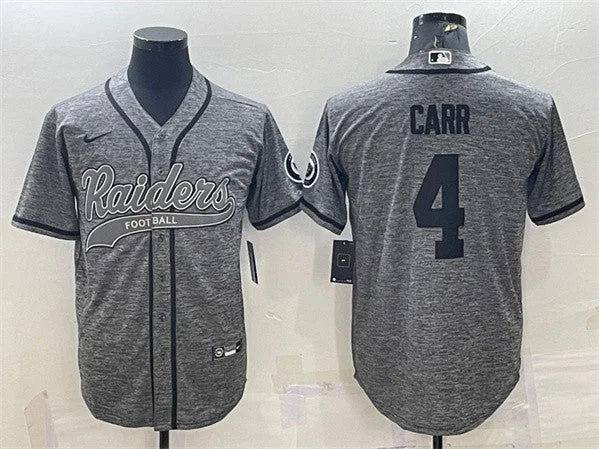 Baseball Jersey With Player Numbers And Logos-Men's Las Vegas Raiders #4 Derek Carr Gray With Patch Cool Base Stitched Baseball Jersey