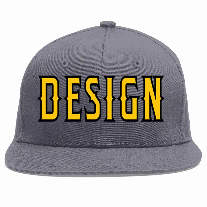 Baseball Cap For Sale-Custom Dark Gray Gold-Black Flat Eaves Sport Baseball Cap Design for Men/Women/Youth