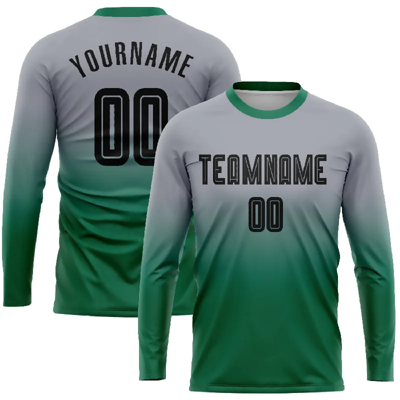 Football Jersey For Special Events-Custom Gray Black-Kelly Green Sublimation Long Sleeve Fade Fashion Soccer Uniform Jersey