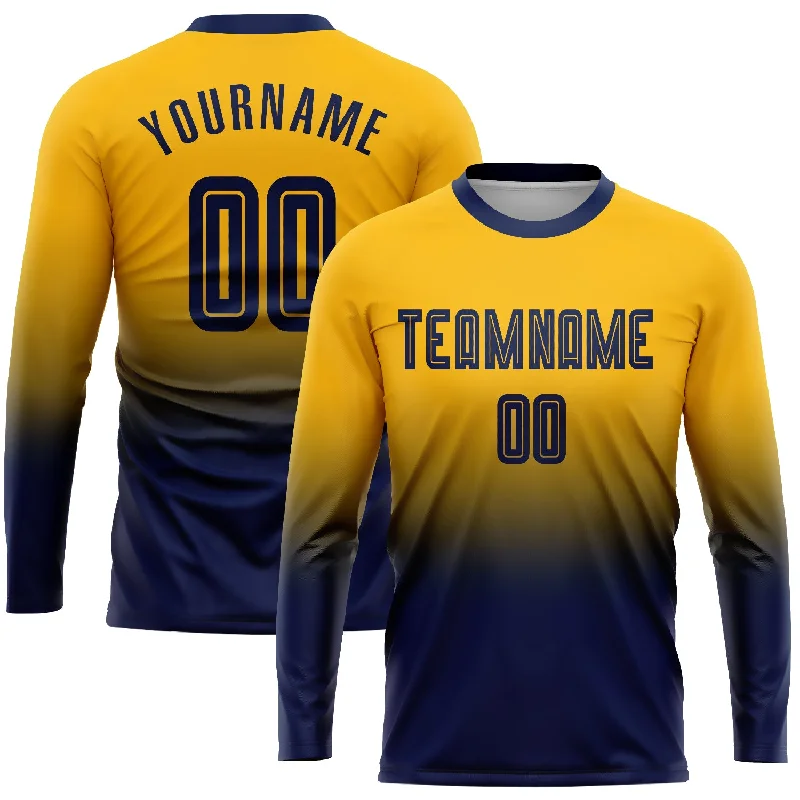 Football Jersey For Special Promotions-Custom Gold Navy Sublimation Long Sleeve Fade Fashion Soccer Uniform Jersey