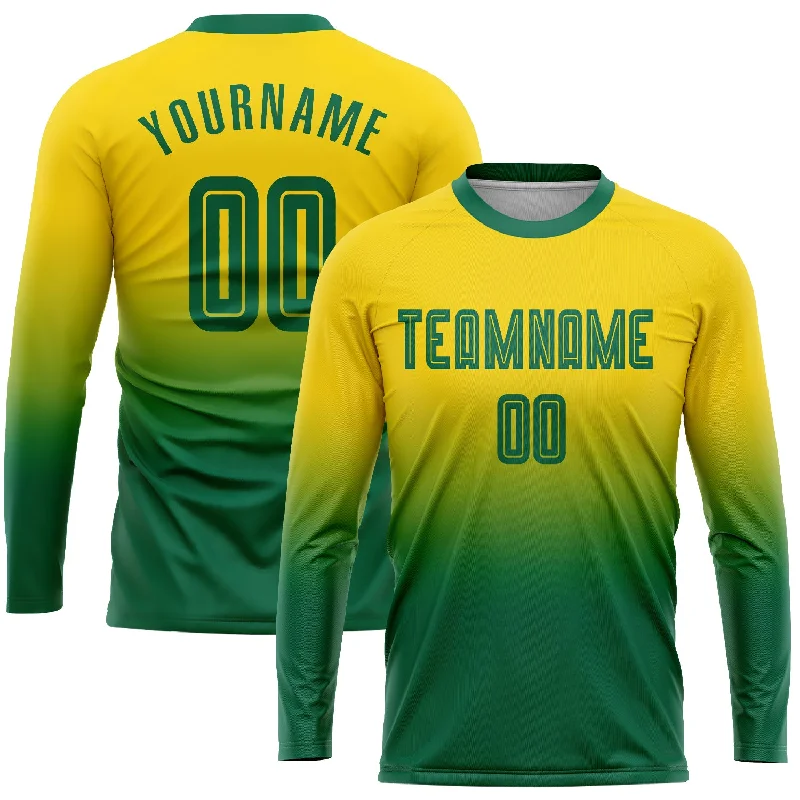 Football Jersey For Youth Leagues-Custom Gold Kelly Green Sublimation Long Sleeve Fade Fashion Soccer Uniform Jersey