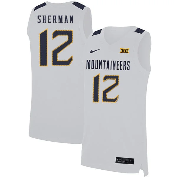 Football Jersey For Promotional Events-Basketball Jersey For Promotional Events-West Virginia Mountaineers 12 Taz Sherman White Basketball College Basketball Jersey