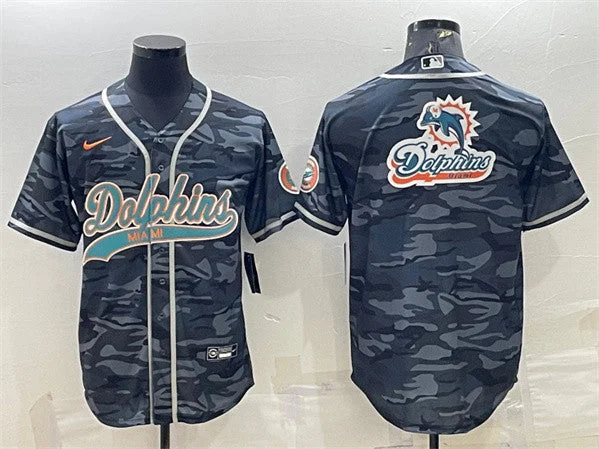 Baseball Jersey For Youth Baseball Leagues-Men's Miami Dolphins Gray Camo Team Big Logo With Patch Cool Base Stitched Baseball Jersey