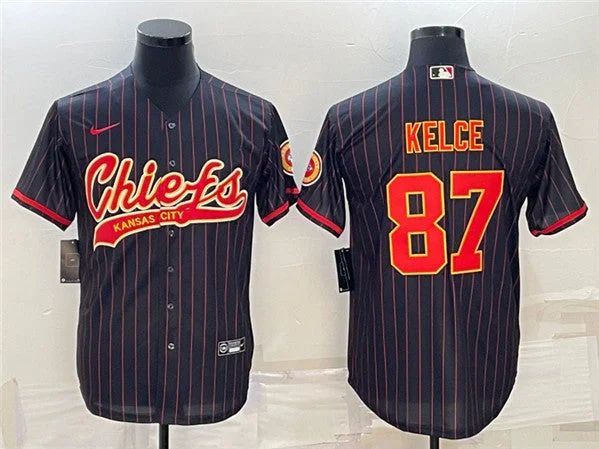 Baseball Jersey For Tournament-Men's Kansas City Chiefs #87 Travis Kelce Black With Patch Cool Base Stitched Baseball Jersey