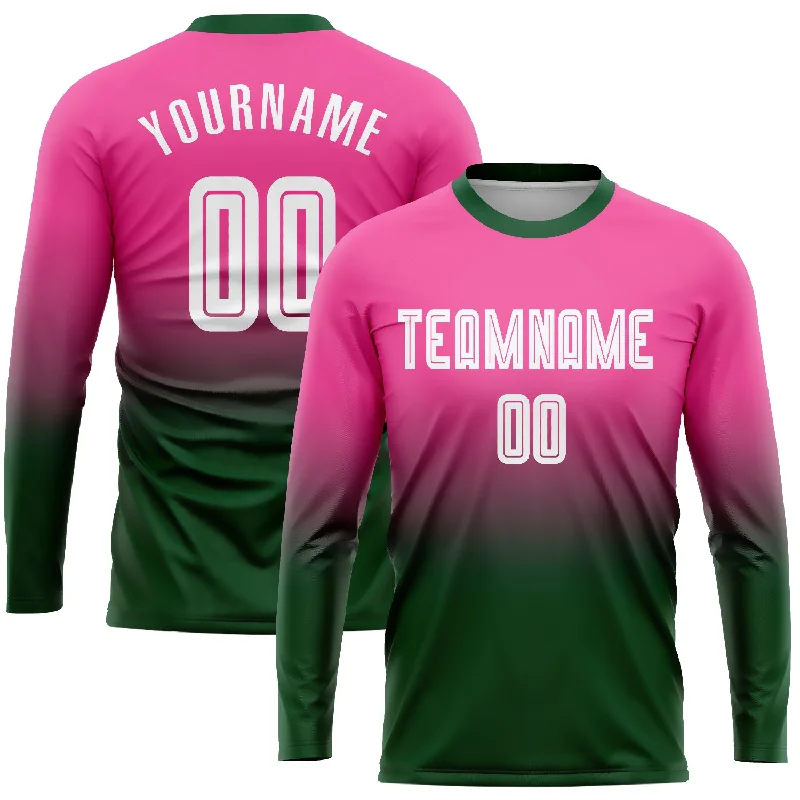 Football Jersey For Custom Fit-Custom Pink White-Green Sublimation Long Sleeve Fade Fashion Soccer Uniform Jersey