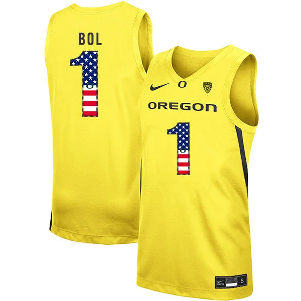 Football Jersey For Unique Customization-Basketball Jersey For Unique Customization-Oregon Ducks 1 Bol Bol Yellow USA Flag College Basketball Basketball Jersey