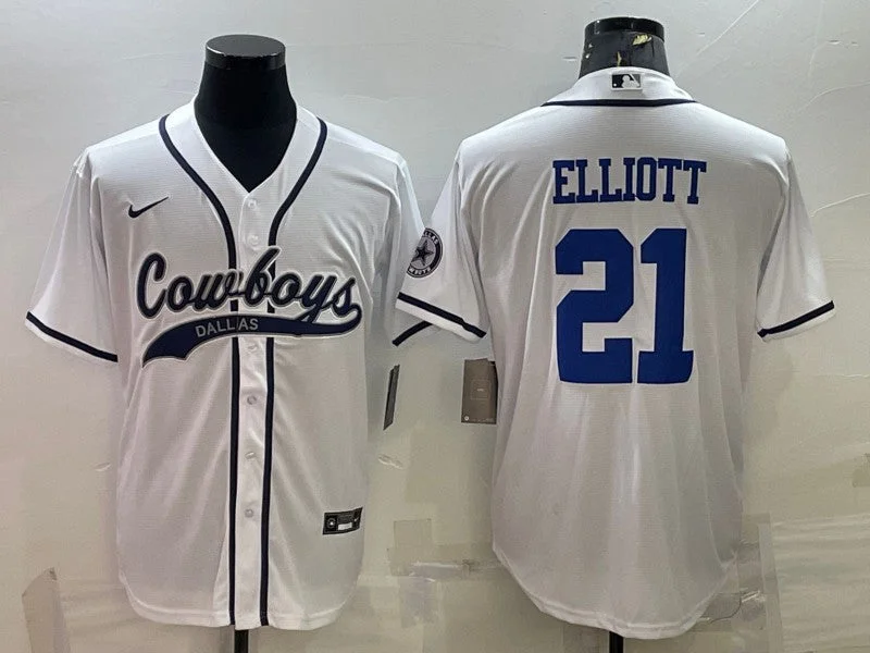 Baseball Jersey For Softball And Baseball Leagues-Men's Dallas Cowboys #21 Ezekiel Elliott White With Patch Cool Base Stitched Baseball Jersey