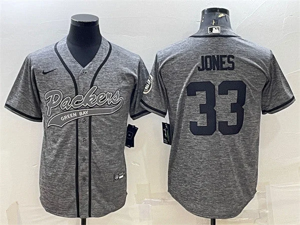 Baseball Jersey For Outdoor Games-Men's Green Bay Packers #33 Aaron Jones Gray With Patch Cool Base Stitched Baseball Jersey