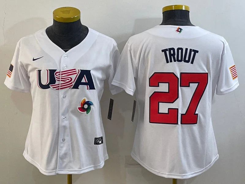 Baseball Jersey For Indoor And Outdoor Play-USA 27 Mike Trout White Women 2023 World Baseball Classic Jerseys