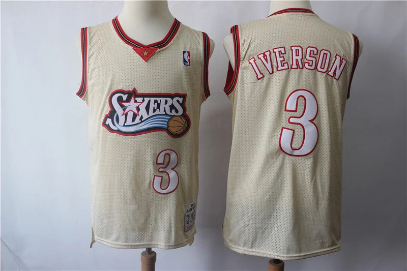 Football Jersey For Large Teams-Basketball Jersey For Large Teams-76ers 3 Allen Iverson Cream Hardwood Classics Basketball Jersey