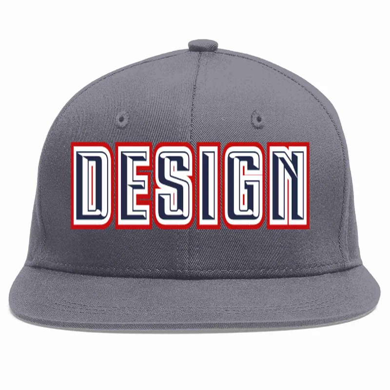 Baseball Cap For School Trips-Custom Dark Gray Navy-White Flat Eaves Sport Baseball Cap Design for Men/Women/Youth