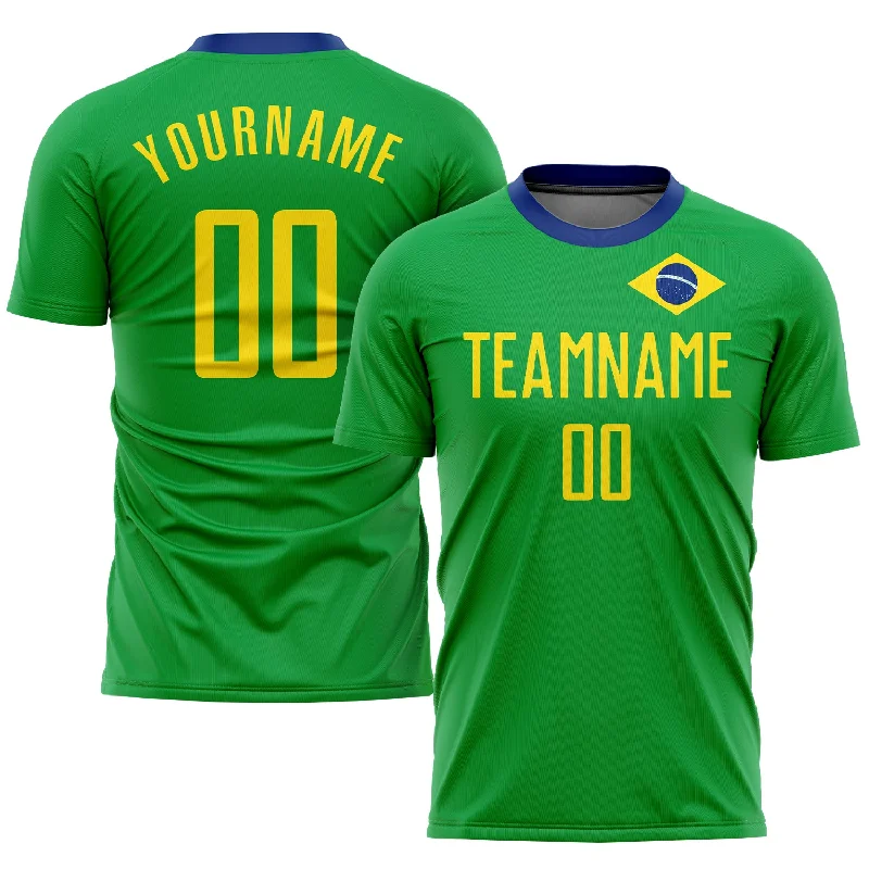 Football Jersey For Personalized Sizing-Custom Neon Green Gold-Royal Sublimation Brazilian Flag Soccer Uniform Jersey