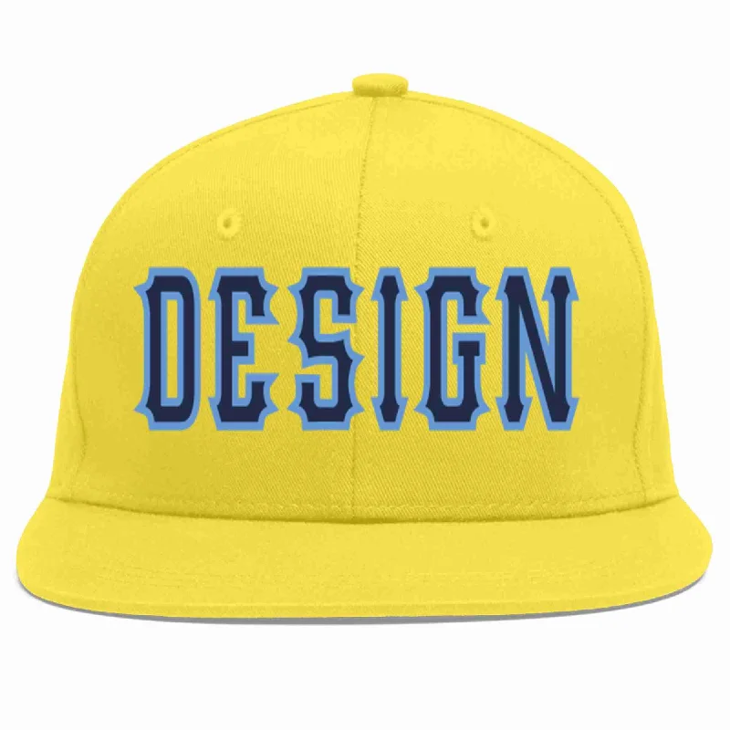 Baseball Cap With Unique Features-Custom Light Gold Navy-Light Blue Flat Eaves Sport Baseball Cap Design for Men/Women/Youth