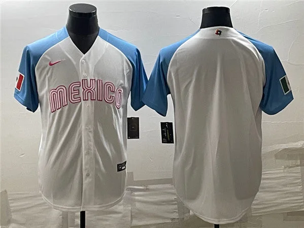 Baseball Jersey For Custom Sports Events-Men's Mexico Baseball Blank 2023 White Blue World Baseball Classic Stitched Jersey