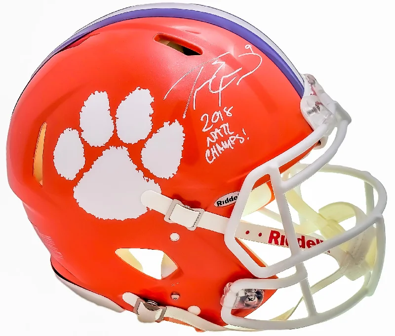 Rugby Helmet For High School Players-Travis Etienne Autographed Clemson Tigers Orange Full Size Authentic Speed Helmet "2018 Natl Champs!" Beckett BAS QR Stock #205673