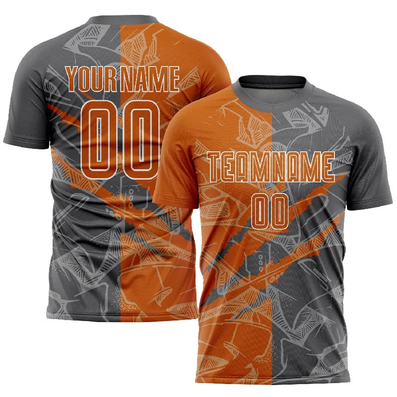 Custom Printed Football Jersey-Custom Graffiti Pattern Texas Orange-Steel Gray Scratch Sublimation Soccer Uniform Jersey