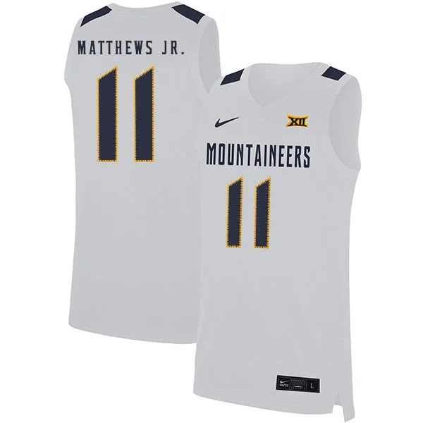 Football Jersey For High School Leagues-Basketball Jersey For High School Leagues-West Virginia Mountaineers 11 Emmitt Matthews Jr. White Basketball College Basketball Jersey.jpeg