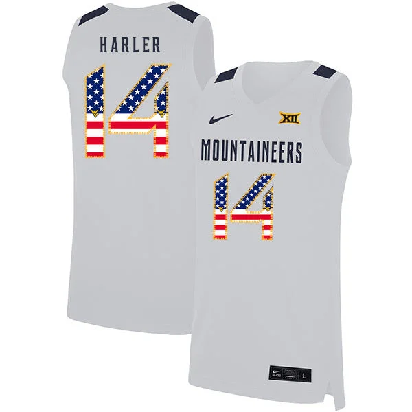 Football Jersey For Youth Sports Leagues-Basketball Jersey For Youth Sports Leagues-West Virginia Mountaineers 14 Chase Harler White USA Flag Basketball College Basketball Jersey