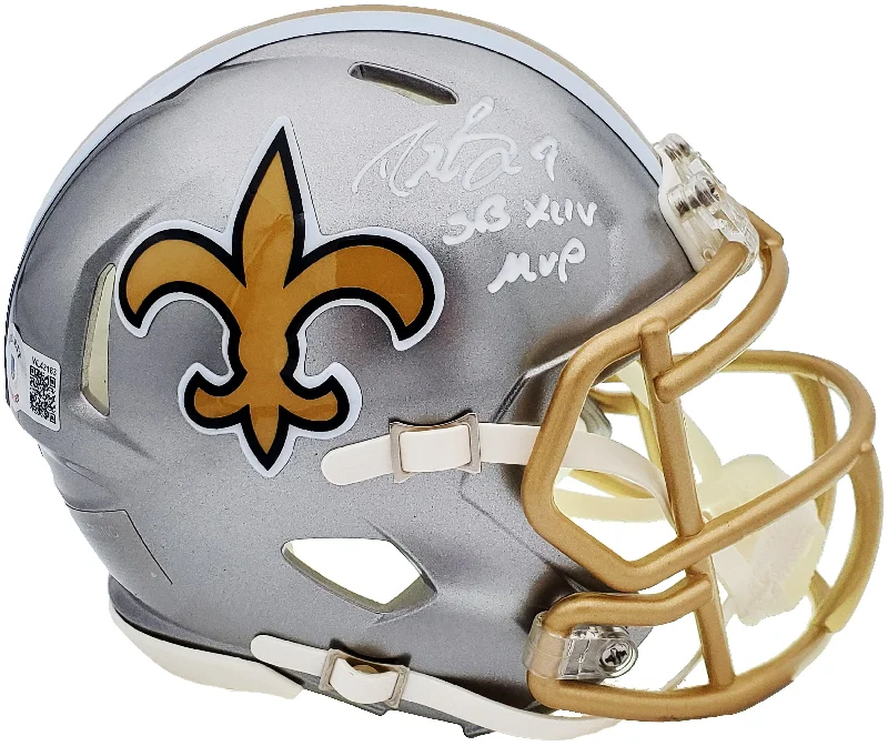 Rugby Helmet For Adjustable Fit-Drew Brees Autographed New Orleans Saints Flash Silver Speed Mini Helmet "SB XLIV MVP" Beckett BAS QR Stock #197458