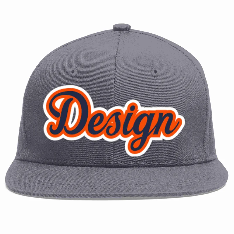 Baseball Cap For Streetwear-Custom Dark Gray Navy-Orange Flat Eaves Sport Baseball Cap Design for Men/Women/Youth