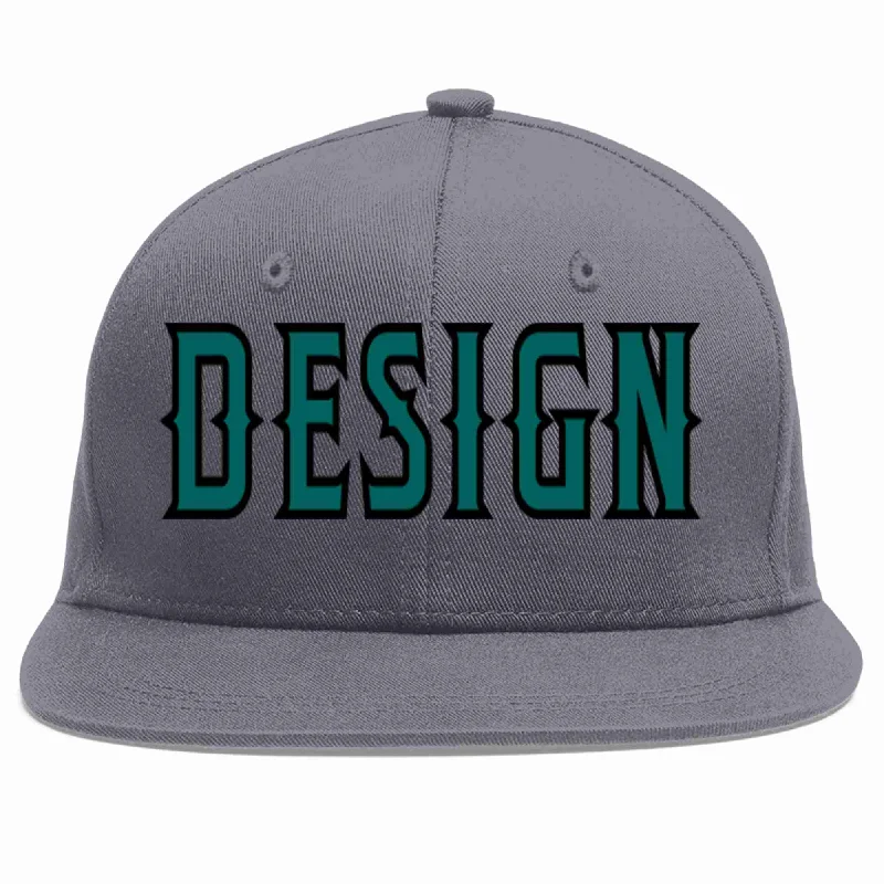 Baseball Cap For Outdoor Sporting Events-Custom Dark Gray Aqua-Black Flat Eaves Sport Baseball Cap Design for Men/Women/Youth