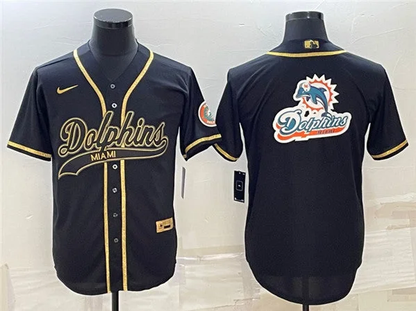 Baseball Jersey For League Teams-Men's Miami Dolphins Black Gold Team Big Logo With Patch Cool Base Stitched Baseball Jersey