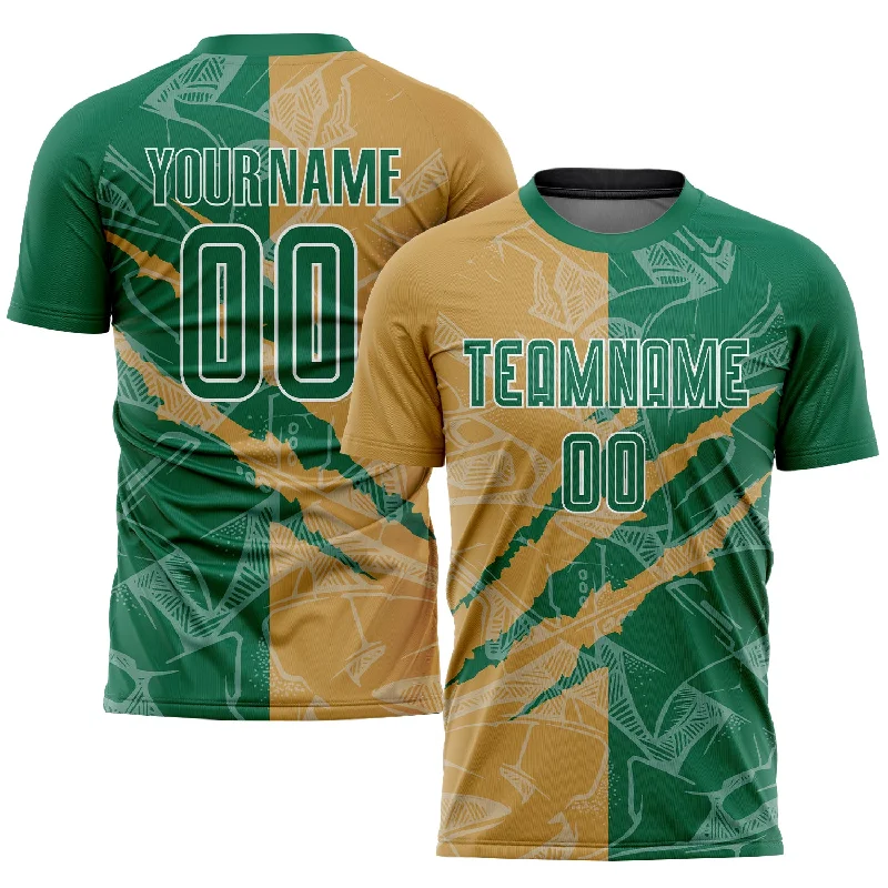 Football Jersey For Premium Teams-Custom Graffiti Pattern Kelly Green-Old Gold Scratch Sublimation Soccer Uniform Jersey