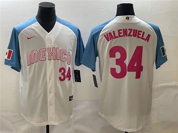 Baseball Jersey For Official Teams-Men's Mexico Baseball #34 Fernando Valenzuela 2023 White Blue World Baseball Classic Stitched Jersey