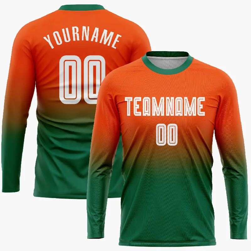 Football Jersey For Custom Branding-Custom Orange White-Kelly Green Sublimation Long Sleeve Fade Fashion Soccer Uniform Jersey