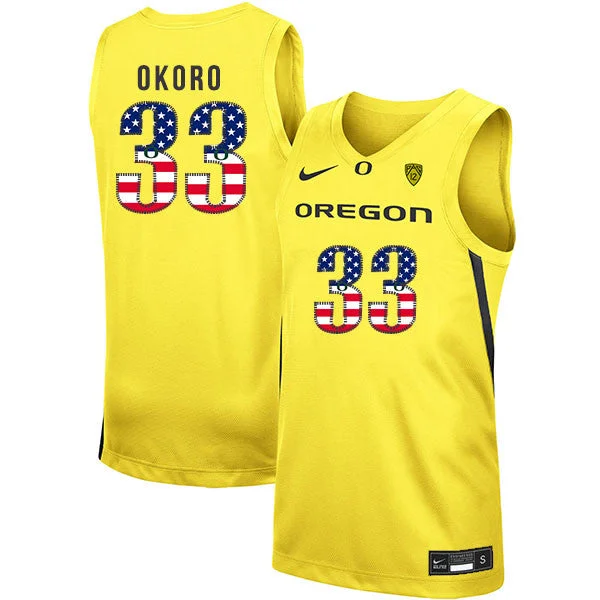 Football Jersey For Fan Favorites-Basketball Jersey For Fan Favorites-Oregon Ducks 33 Francis Okoro Yellow USA Flag College Basketball Basketball Jersey