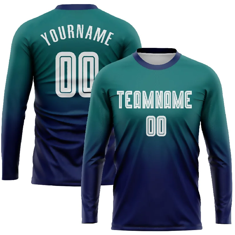 Football Jersey For High Impact Sports-Custom Teal White-Navy Sublimation Long Sleeve Fade Fashion Soccer Uniform Jersey