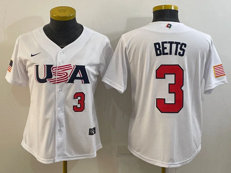 Baseball Jersey With Game Day Details-USA 3 Mookie Betts White Women 2023 World Baseball Classic Jersey